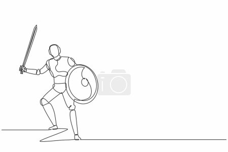 Illustration for Single one line drawing robot with sword and shield furiously attacks. Future technology development. Artificial intelligence and machine learning process. Continuous line draw design graphic vector - Royalty Free Image