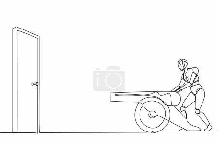 Continuous one line drawing robots ignites cannon in front of door to destroying door. Humanoid robot cybernetic organism. Future robotics development concept. Single line draw design vector graphic
