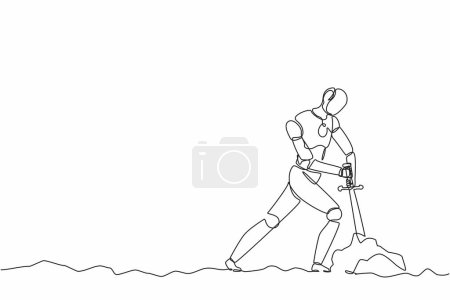 Illustration for Single one line drawing robot tries to draw stuck excalibur sword from stone. Future technology. Artificial intelligence machine learning process. Continuous line design graphic vector illustration - Royalty Free Image