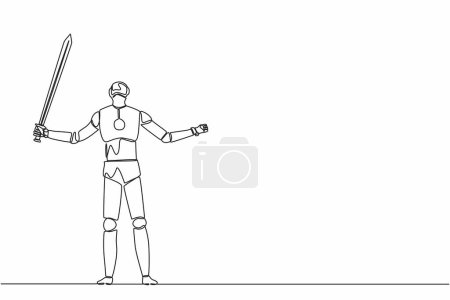 Illustration for Continuous one line drawing robots standing and lifting up big sword. Humanoid robot cybernetic organism. Future robotics development concept. Single line draw design vector graphic illustration - Royalty Free Image
