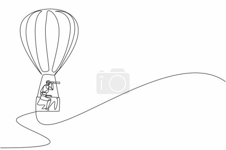 Single continuous line drawing robots with monocular, ride hot air balloon briefcase. Modern robotics artificial intelligence technology. Electronic technology industry. One line graphic design vector