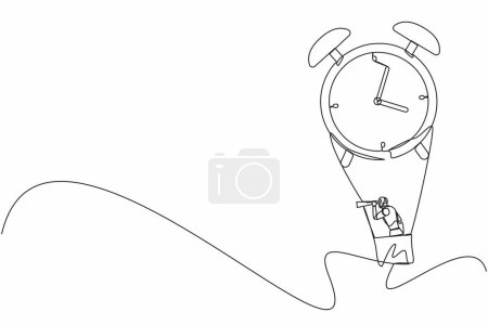 Single one line drawing robots in hot air balloon with alarm clock looking with telescope or monocular. Modern robot artificial intelligence technology. Continuous line draw design vector illustration