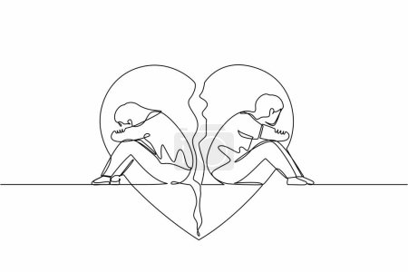 Single one line drawing couple of man and woman, sitting back to back, sad and angry on each other. Breaking up, relationship issues, broken heart, separating. Continuous line graphic design vector