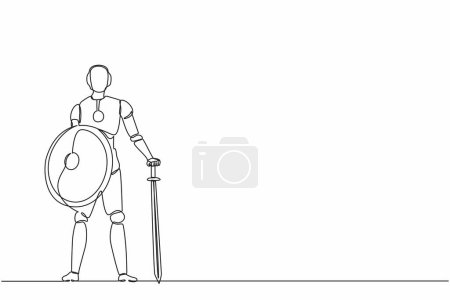 Illustration for Continuous one line drawing robots stands holding big sword and shield. Humanoid robot cybernetic organism. Future robotics development concept. Single line draw design vector graphic illustration - Royalty Free Image