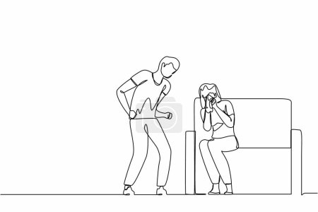 Illustration for Single continuous line drawing man abusing woman. Young couple quarrel, guy screaming and girl crying sitting on sofa. Family violence. Emotional person arguing. One line draw graphic design vector - Royalty Free Image
