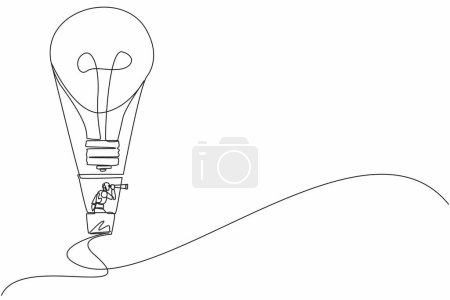 Téléchargez les illustrations : Robots à dessin continu d'une ligne utilisant monoculaire, volant avec ampoule à ballon à air chaud. Humanoïde robot organisme cybernétique. Développement futur de la robotique. Illustration vectorielle de dessin à ligne unique - en licence libre de droit