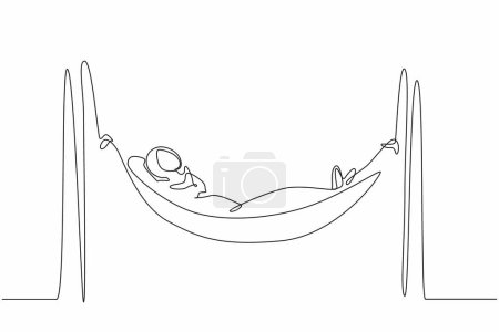 Single continuous line drawing Arab businesswoman is lying in hammock and dreaming about big money. Comfort and recreation. Achieve financial freedom. One line draw graphic design vector illustration