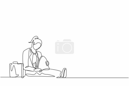 Ilustración de Una línea continua dibuja a una mujer de negocios deprimida con un maletín sentado en la desesperación en el suelo. Empresario expresión de gesto triste. Síndrome de burnout profesional. Vector de diseño de línea única - Imagen libre de derechos