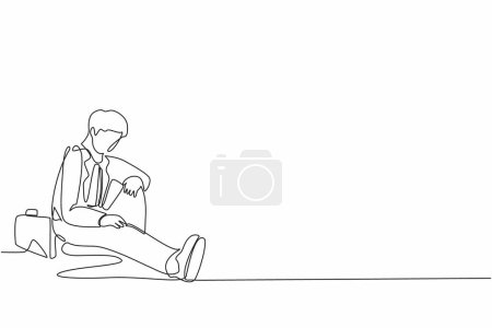Ilustración de Una sola línea dibujando deprimido hombre de negocios con maletín sentado en la desesperación en el suelo. Empresario expresión de gesto triste. Síndrome de burnout profesional. Vector de diseño gráfico de línea continua - Imagen libre de derechos