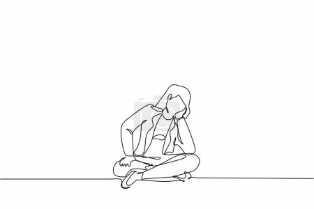 Single continuous line drawing businesswoman who is asking questions or is confused because she gets into problem. Running out of idea, daydreaming, sad, depressed. One line draw graphic design vector
