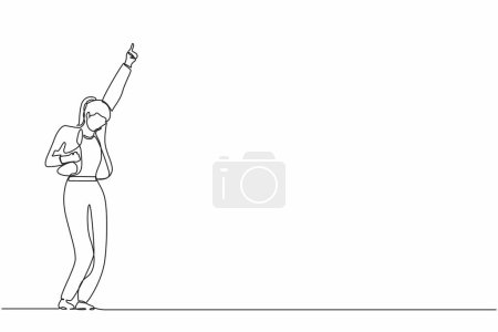 Illustration for Single continuous line drawing happy businesswoman standing with raise one hand and the other hand pose yes. Office worker celebrate success of company project. One line draw graphic design vector - Royalty Free Image