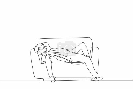 Single one line drawing unhappy businessman sad tired sleepy mood resting on sofa. Frustrated worker holding his head lying on sofa. Stressed and anxiety on failure. Continuous line draw design vector