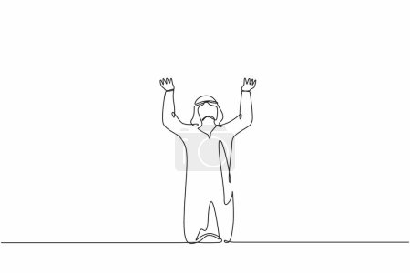 Illustration for Single continuous line drawing sad shocked Arab businessman kneeling and pray. Losing money, economy crisis, bankrupt, depressed. Male standing on his knees. one line draw design vector illustration - Royalty Free Image