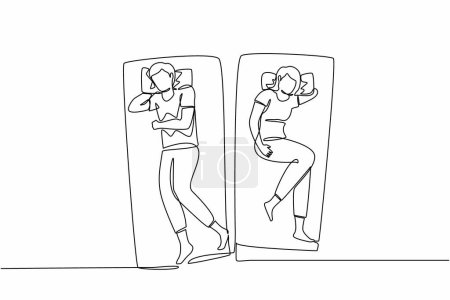 Illustration for Single continuous line drawing man and woman are sleeping on the bed, Obsessive couple thoughts. Sexual problems in couple, divorce, depression, insomnia. One line graphic design vector illustration - Royalty Free Image