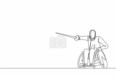 Ilustración de Una sola línea continua dibujo discapacitado esgrima joven en una silla de ruedas. Espadachín discapacitado con estoque. Concepto de deporte, juegos de verano, recuperación, juego de espadas. Una línea dibujar vector de diseño gráfico - Imagen libre de derechos