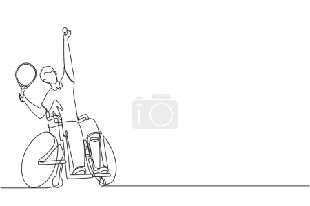 Illustration for Continuous one line drawing wheelchair tennis sport.  athlete in wheelchair with racket. Active people. Man. Disability, social policy. Social support. Single line draw graphic design vector - Royalty Free Image