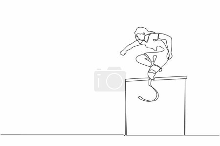 Illustration pour Un seul dessin d'une ligne amputé jeune athlète féminine sautant, en cours d'exécution sur l'obstacle. Jeux de handicap avec course d'obstacles. Concept de sport handicapé. Illustration vectorielle graphique de dessin en ligne continue - image libre de droit