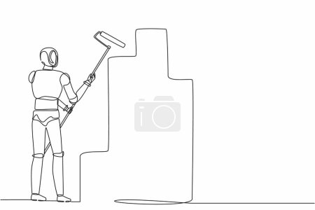 Illustration for Continuous one line drawing robot painting wall with roller. Home repair, renovation. Humanoid robot cybernetic organism. Future robotic development. Single line design vector graphic illustration - Royalty Free Image