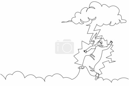 Téléchargez les illustrations : Une seule ligne continue dessinant un homme d'affaires arabe malchanceux frappé par la foudre ou le tonnerre d'un nuage sombre. Malchance, misère, désastre, risque, danger. Illustration vectorielle de dessin graphique à une ligne - en licence libre de droit