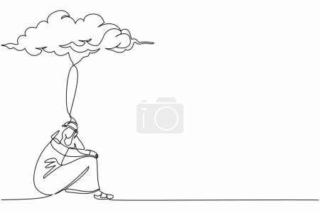 Continuous one line drawing depressed Arabian businessman feeling stress and sad. Sitting under rain cloud. Unhappy worker with business problem. Single line draw design vector graphic illustration