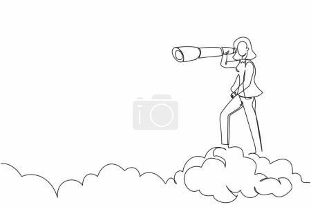 Una sola línea dibujando a una empresaria visionaria en la nube superior sosteniendo binocular para buscar una idea de negocio. Visión de liderazgo para ver la estrategia de la empresa. Línea continua dibujo diseño vector ilustración