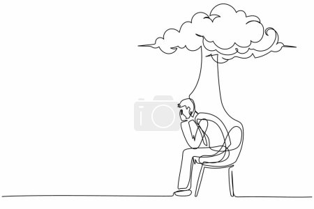 Ständig zeichnet eine Linie einen besorgten Geschäftsmann, der auf einem Stuhl unter einer Regenwolke sitzt. Konzept des Geschäftsversagens, des wirtschaftlichen Zusammenbruchs, der Wirtschaftskrise. Einzeiliges Zeichnen Design Vektor Grafik Illustration