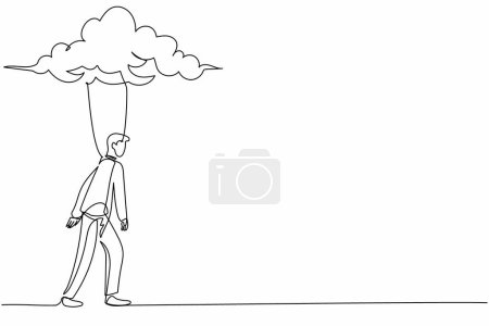 Illustration for Single one line drawing unhappy depressed businessman walking under rain cloud. Alone loser sad male depression. Loneliness in overcast weather. Continuous line draw design graphic vector illustration - Royalty Free Image