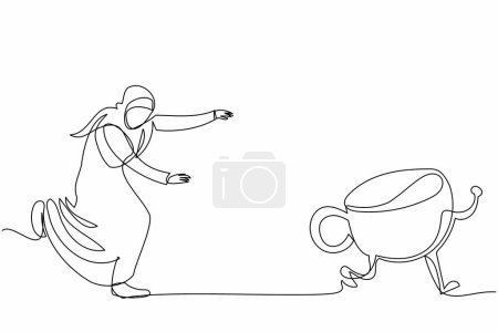 Téléchargez les illustrations : Continu une ligne dessin femme d'affaires arabe courir chasser tasse de café. Un employé de bureau boit un expresso latte pour une pause café au bureau. Boire et déjeuner. Illustration vectorielle de dessin à ligne unique - en licence libre de droit