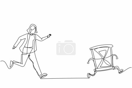 Illustration for Single one line drawing businesswoman run chasing try to catch hourglass. Concept of stress, angry, burnout, deadlines, depression. Business metaphor. Continuous line draw design vector illustration - Royalty Free Image