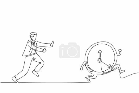 Illustration for Single one line drawing stressed businessman chasing time or clock. Office worker being chased by work deadlines. Running out of time. Modern continuous line draw design graphic vector illustration - Royalty Free Image