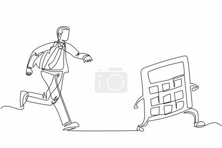 Illustration for Continuous one line drawing businessman chasing calculator. Math operations, budget, analytics, data, income, finance. Calculations and economy. Single line draw design vector graphic illustration - Royalty Free Image