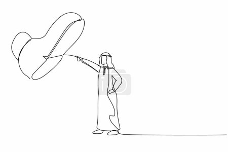 Ilustración de Continuo dibujo de una línea valiente empresario árabe frente a los zapatos gigantes pisoteando. Gerente masculino apuntando contra el paso del pie gigante. Mínima metáfora. Diseño de línea única ilustración gráfica vectorial - Imagen libre de derechos