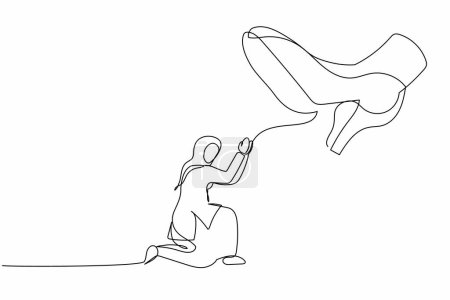 Illustration for Single one line drawing young Arab businesswoman kneel down under giant feet. Concept for authority, exploitation, dictator figure. Minimal metaphor. Continuous line design graphic vector illustration - Royalty Free Image
