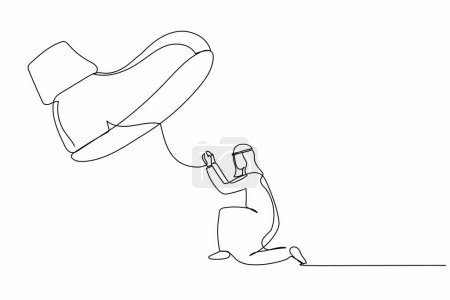Illustration for Single continuous line drawing active Arab businessman kneel down under big foot. Male manager under tyranny, dictatorship, authoritarian. Minimalism metaphor. One line draw design vector illustration - Royalty Free Image