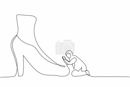 Illustration for Single continuous line drawing active Arab businesswoman kneeling a giant foot or shoe. Female manager apologize to executive director. Minimalism metaphor. One line graphic design vector illustration - Royalty Free Image