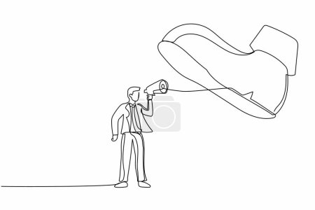 Ilustración de Una sola línea dibujando hombre de negocios hablando con megáfono bajo zapato gigante. Bota de soldado del ejército pisando a un hombre de negocios. Metáfora del minimalismo. Diseño de línea continua ilustración vectorial gráfica - Imagen libre de derechos