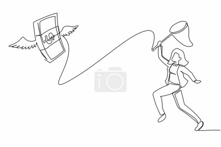 Illustration for Single continuous line drawing businesswoman try to catch flying money stacks with butterfly net. Lost pile of cash. Failed raise salary and business project. One line draw design vector illustration - Royalty Free Image