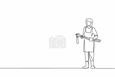 Illustration for Continuous one line drawing female blacksmith wearing apron standing holding hot blade forged with pliers and tongs. Medieval blacksmith making swords. Single line design vector graphic illustration - Royalty Free Image