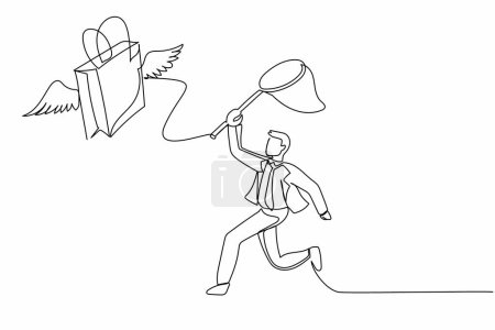 Illustration for Continuous one line drawing businessman try to catching flying shopping bag with butterfly net. Commercial retail fashion and makeup shopping concept. Single line design vector graphic illustration - Royalty Free Image