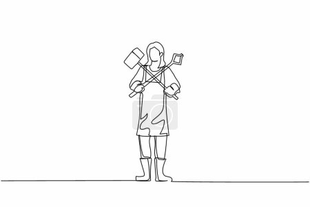 Illustration for Single continuous line drawing cute female blacksmith standing wearing apron holding hammer and tongs crossed. Craftswoman work at metalwork workshop. One line draw graphic design vector illustration - Royalty Free Image