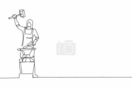 Illustration for Single one line drawing female blacksmith wearing apron forges small sword on the anvil. Craftswoman standing working with hot iron at workshop. Continuous line draw design graphic vector illustration - Royalty Free Image