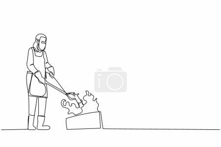 Illustration for Single one line drawing female blacksmith master wearing apron, leather gloves and face shield put piece of blade into burning stove for making craft art. Continuous line design graphic illustration - Royalty Free Image