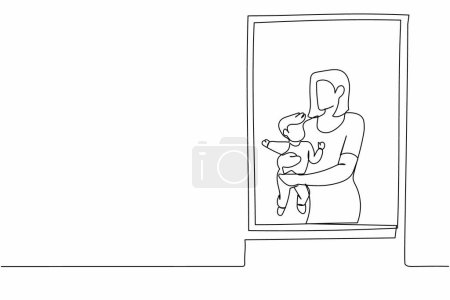 Eine durchgehende Linie zeichnet eine Frau, die ein neugeborenes Baby in der Nähe des Fensters hält. Kind liegt auf dem Arm der Mutter. Frau kümmert sich um Kind. Mutter im Mutterschaftsurlaub. Einzeiliger Design-Vektor grafische Illustration