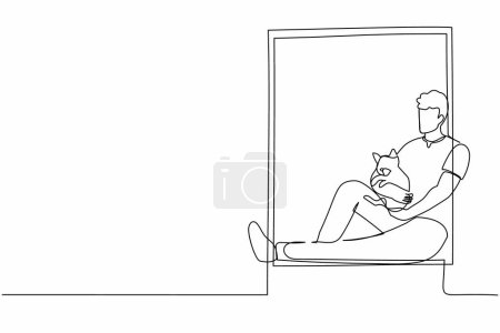 Single one line drawing calm guy with cat looks in house window. Happy man with his pet, lifestyle, communication and friendship social concept. Continuous line draw design graphic vector illustration