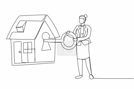 Single one line drawing businesswoman put key into house. Worker investing money in real estate. Housing loan, property mortgage. Banking plafond. Continuous line design graphic vector illustration