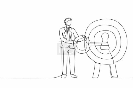 Illustration for Single continuous line drawing businessman putting big key into bullseye target. Unlock business success. Career or goal achievement. Secret for success in work. One line design vector illustration - Royalty Free Image