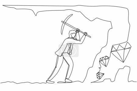 Single one line drawing active businessman digging with pickaxe to get diamond. Worker digging and mining for diamond in an underground tunnel. Continuous line draw design graphic vector illustration
