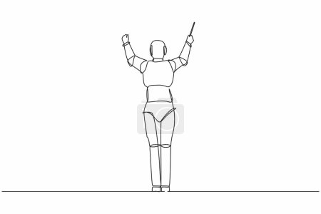 Ilustración de Una línea continua dibujando la vista posterior del director robot actuando en el escenario, dirigiendo la orquesta sinfónica. Organismo cibernético robot humanoide. Ilustración gráfica vectorial de diseño de línea única - Imagen libre de derechos