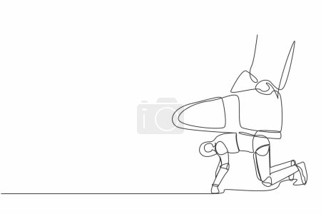 Illustration for Single one line drawing robot crawling under giant foot trample. Robot oppressed by the boss with under big shoe. Future technology development. Continuous line draw design graphic vector illustration - Royalty Free Image