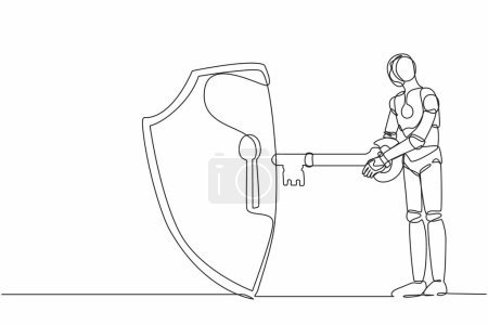 Illustration for Single one line drawing robot put key into shield. Internet security and protection. Encryption, encoding digital data. Future technology development. Continuous line draw design vector illustration - Royalty Free Image